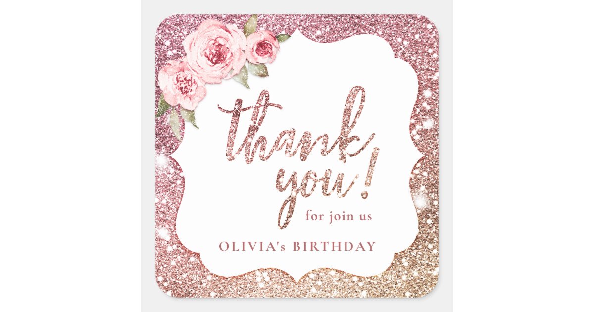 Sparkle rose gold glitter and floral thank you square sticker | Zazzle
