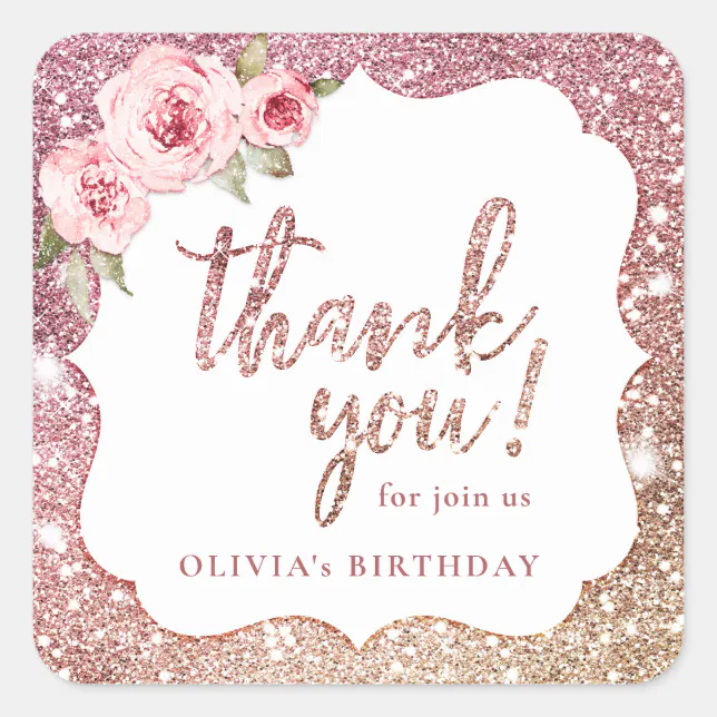 Sparkle rose gold glitter and floral thank you square sticker | Zazzle