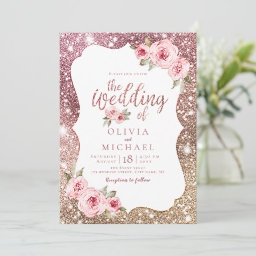 Sparkle rose gold glitter and floral wedding invitation | Zazzle