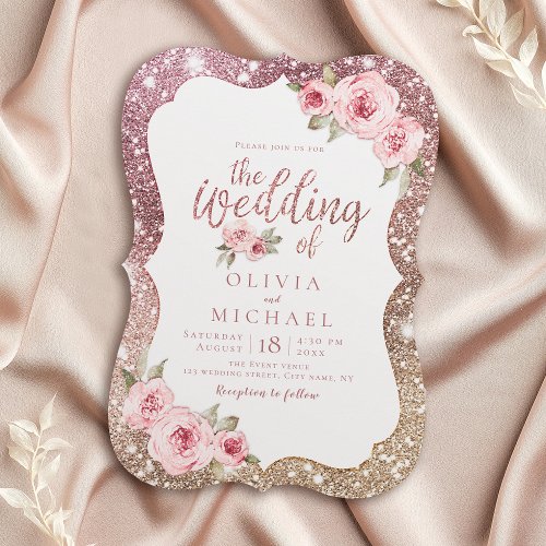 Sparkle rose gold glitter and floral wedding invitation