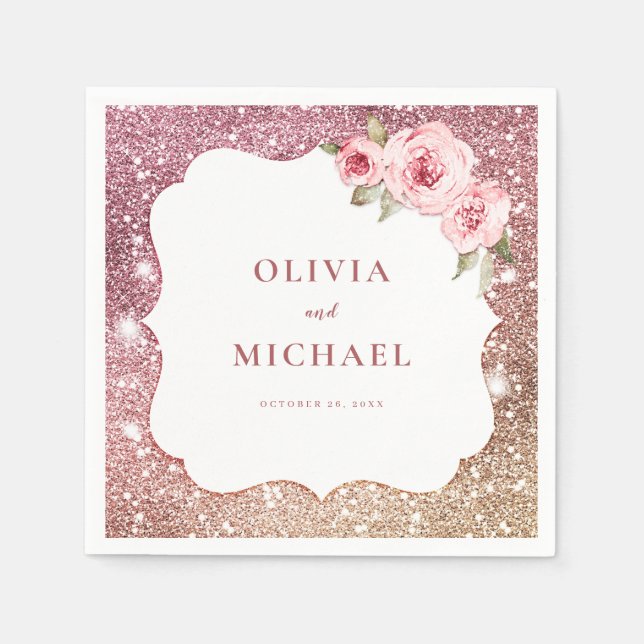 Sparkle rose gold glitter and floral wedding napkins (Front)