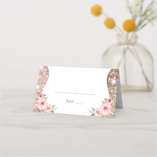 Sparkle rose gold glitter and Floral Wedding Place Card