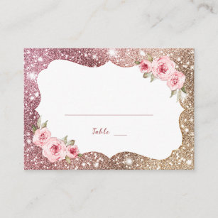 Sparkle rose gold glitter and Floral Wedding Place Card