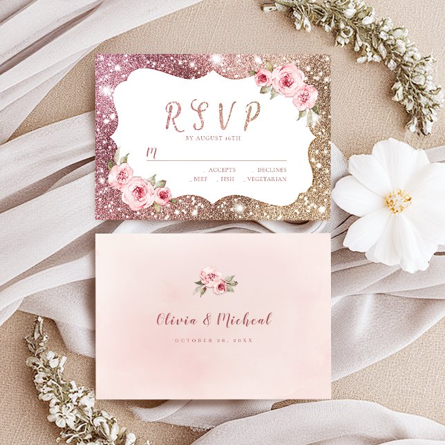 Sparkle rose gold glitter and floral wedding RSVP Card (Sparkle rose gold glitter and floral wedding RSVP)