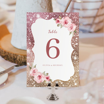 Sparkle Rose Gold Glitter And Floral Wedding Table Number by AvaPaperie at Zazzle