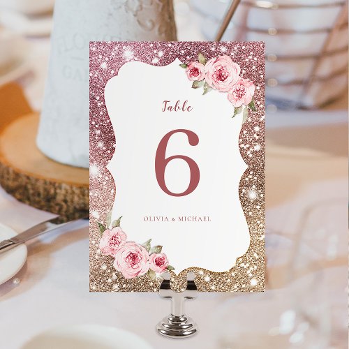 Sparkle rose gold glitter and floral Wedding Table Number