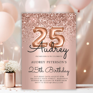 Sparkle Rose Gold Glitter Balloon 25th Birthday Invitation