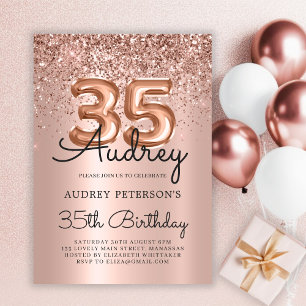 Sparkle Rose Gold Glitter Balloon 35th Birthday  Invitation