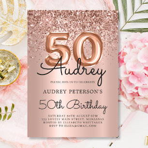 Sparkle Rose Gold Glitter Balloon 50th Birthday Invitation