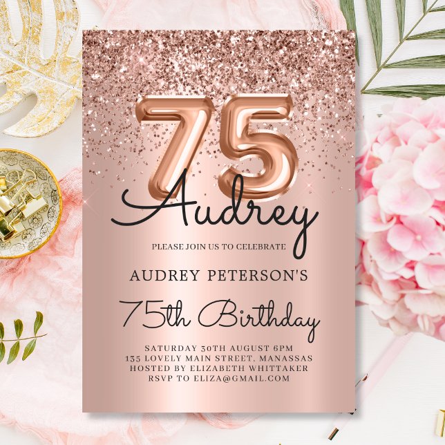 Sparkle Rose Gold Glitter Balloon 75th Birthday Invitation (Creator Uploaded)