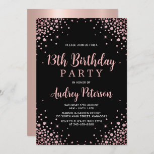 Sparkle Rose Gold Glitter Black 13th Birthday Invitation