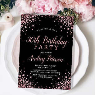Sparkle Rose Gold Glitter Black 30th Birthday Invitation