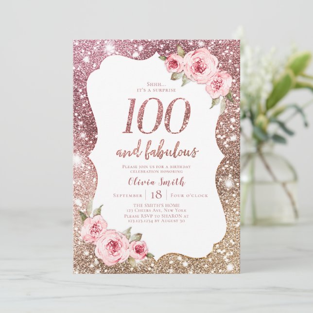 Sparkle rose gold glitter & floral 100th birthday invitation (Standing Front)