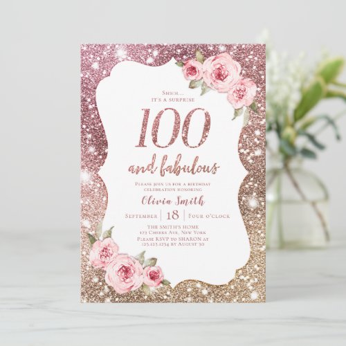 Sparkle rose gold glitter  floral 100th birthday invitation