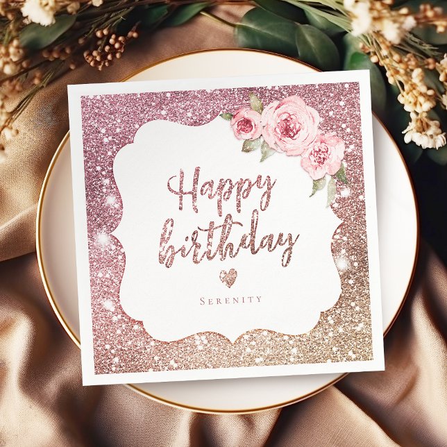 Sparkle rose gold glitter floral happy birthday napkins (Sparkle rose gold glitter floral happy birthday napkins)