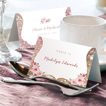 Sparkle Rose Gold Glitter Floral Place Card by AvaPaperie at Zazzle