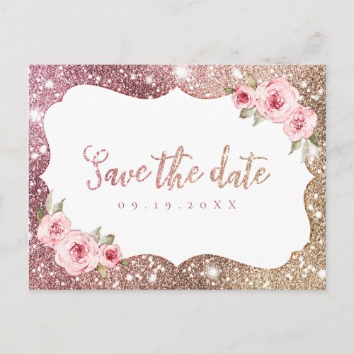 Sparkle rose gold glitter floral save the date announcement postcard