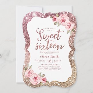 Sparkle rose gold glitter floral sweet 16 birthday invitation