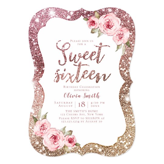 Sparkle rose gold glitter floral sweet 16 birthday invitation