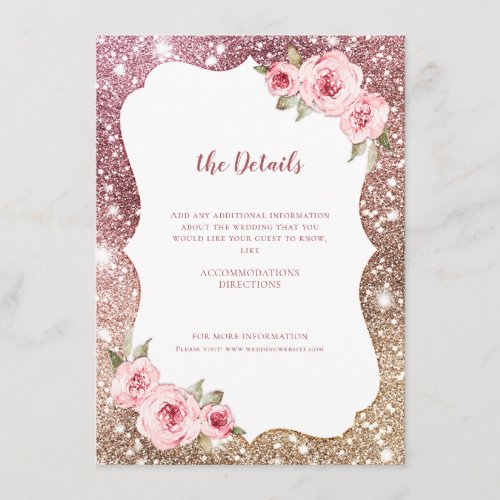 Sparkle rose gold glitter floral Wedding Details Enclosure Card