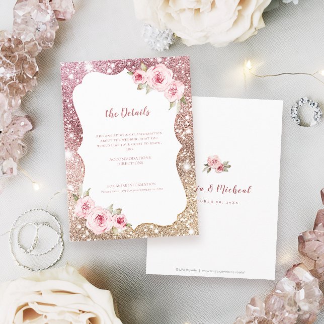 Sparkle rose gold glitter floral Wedding Details Enclosure Card (Sparkle rose gold glitter floral Wedding Details Enclosure Card)