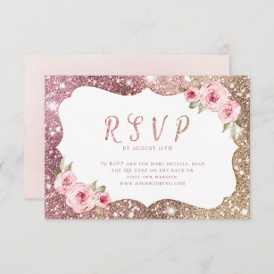Sparkle rose gold glitter floral wedding QR code RSVP Card