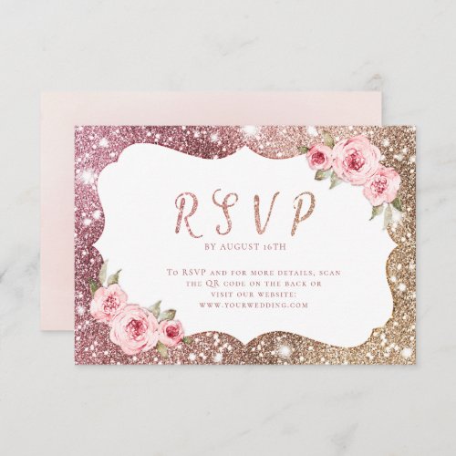 Sparkle rose gold glitter floral wedding QR code RSVP Card