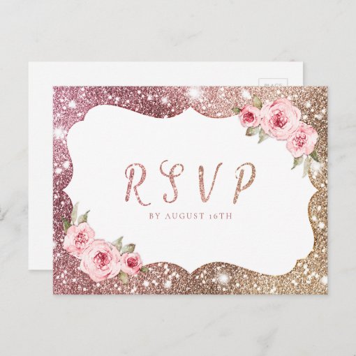 Sparkle Rose Gold Glitter Floral Wedding Rsvp Invitation Postcard Zazzle