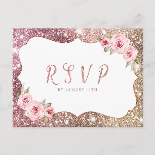 Sparkle rose gold glitter floral wedding RSVP Invitation Postcard