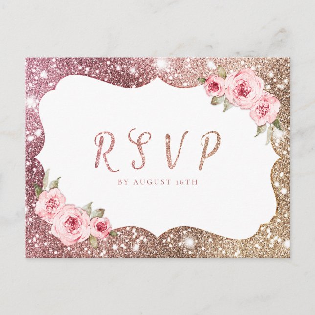 Sparkle rose gold glitter floral wedding RSVP Invitation Postcard (Front)