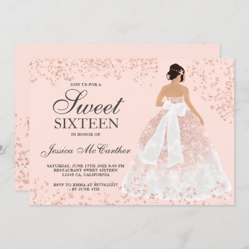 Sparkle rose gold glitter gown dress chic Sweet 16 Invitation