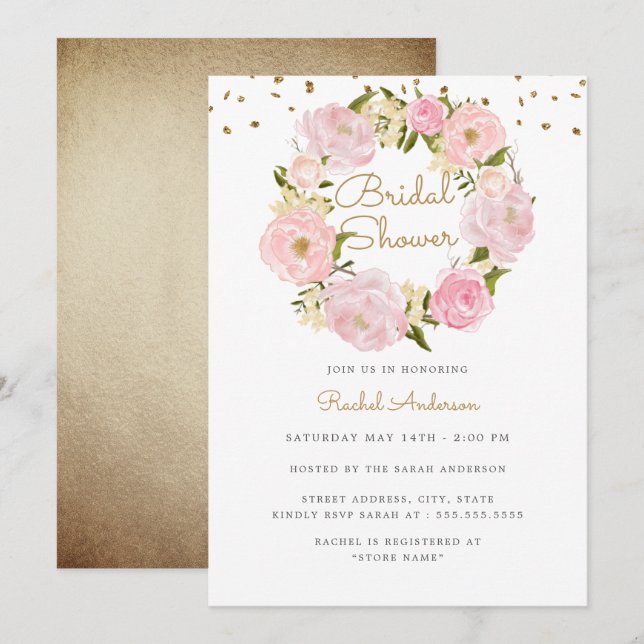 Sparkle Rose Wreath Pink Gold Bridal Shower Invitation (Front/Back)