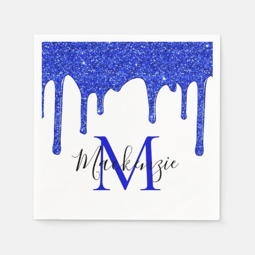 Sparkle Royal Blue Glitter Drips Monogram Napkins