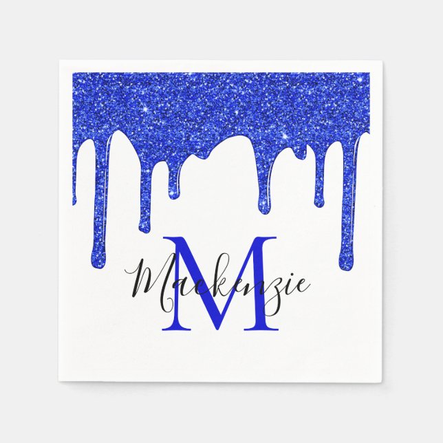 Sparkle Royal Blue Glitter Drips Monogram Napkins (Front)