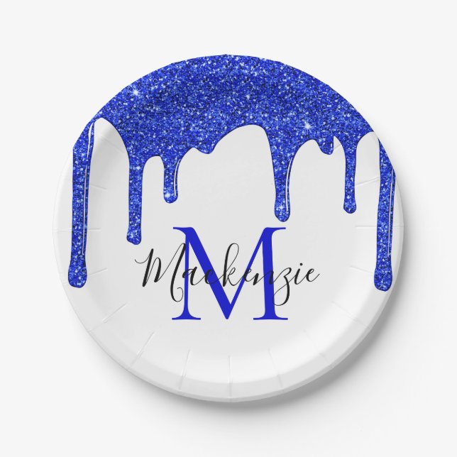 Sparkle Royal Blue Glitter Drips Monogram Paper Plates (Front)