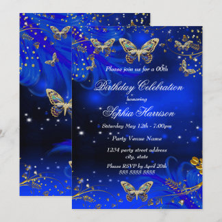 Sparkle Royal Blue Gold Butterfly Birthday party Invitation