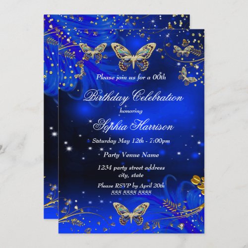 Sparkle Royal Blue Gold Butterfly Birthday party Invitation