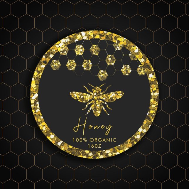 Sparkle Sequin gold honeybee Classic Round Sticker (#Luxurious #beelogo #honeylabel #goldframe #customlogobusinesssticker #etsybusinesssticker #sequin)