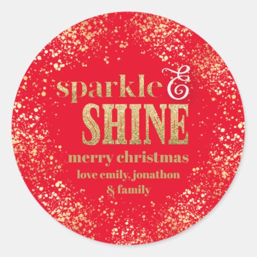 Sparkle Shine Gold typography Merry Christmas Red Classic Round Sticker