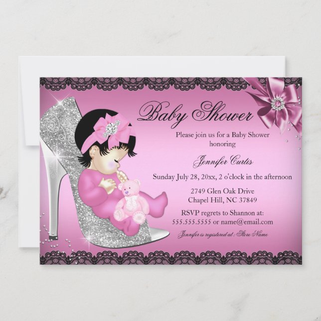 Sparkle Shoe & Lace Girl Baby Shower Invite (Front)