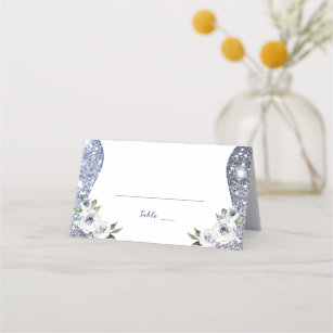 Sparkle Silver Blue Glitter and Floral Wedding Place Card