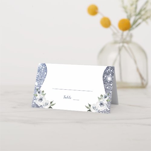 Sparkle Silver Blue Glitter and Floral Wedding Place Card
