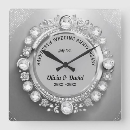 Sparkle Silver Diamonds Wedding Anniversary  Square Wall Clock