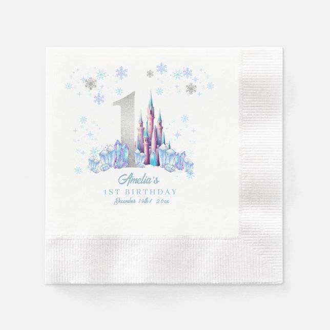 Sparkle Silver Frozen Kingdom Castle 1st Birthday  Napkins (Front)