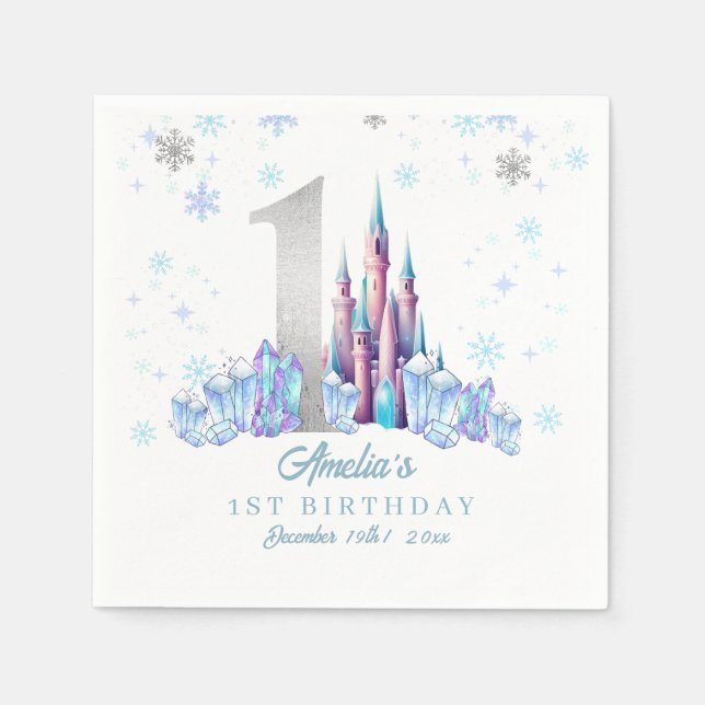 Sparkle Silver Frozen Kingdom Castle 1st Birthday  Napkins (Front)