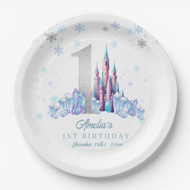Sparkle Silver Frozen Kingdom Castle 1st Birthday  Paper Plates (Front)