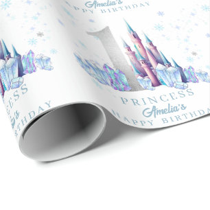 Sparkle Silver Frozen Kingdom Castle 1st Birthday Wrapping Paper