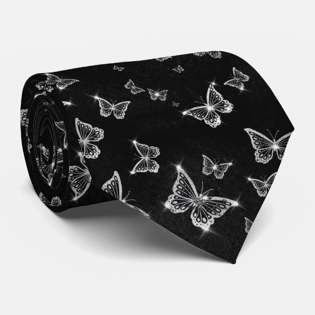 Sparkle Silver Glam Butterflies  Neck Tie (Rolled)