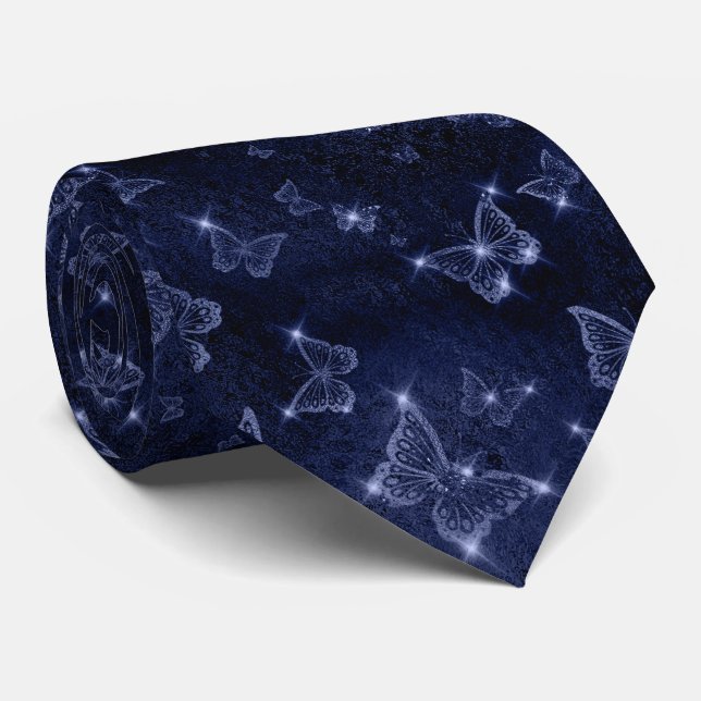 Sparkle Silver Glam Butterflies  Neck Tie (Rolled)