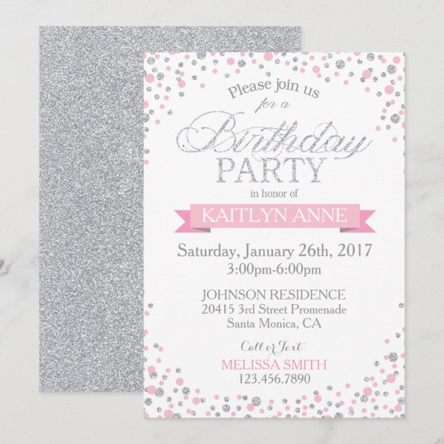 Sparkle Silver Glitter and Pink Sprinkles Birthday Invitation (Front/Back)